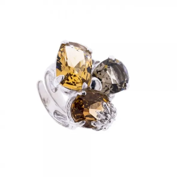 Anillo Queen 3 Plata y Cristales Marrones