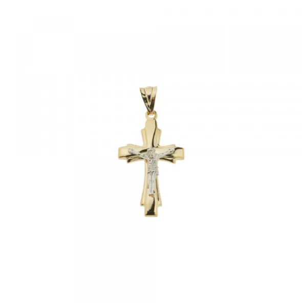 Colgante Doble Cruz Cristo Oro Bicolor