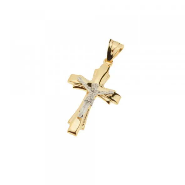 Colgante Doble Cruz Cristo Oro Bicolor