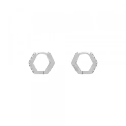 Pendientes Aro Mini Hexagon de Plata con Circonitas Blancas