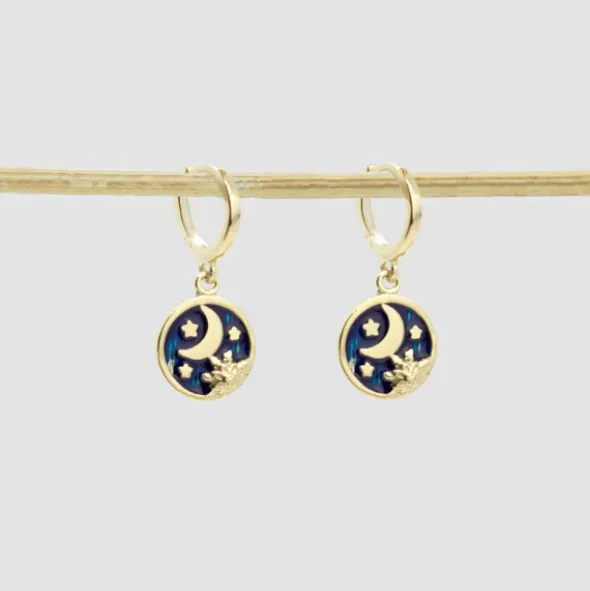 Pendientes Cripa Luna Plata Dorada y Esmalte Azul