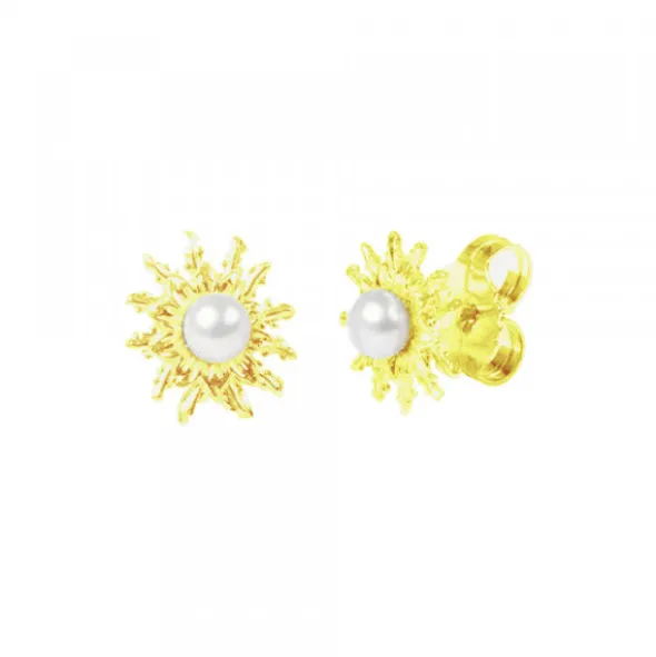 Pendientes Eguzkilore Plata Dorada y Perla 14mm