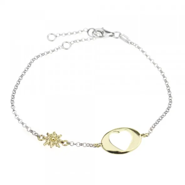 Pulsera Chapa Corazón Calado y Eguzkilore Plata Dorada