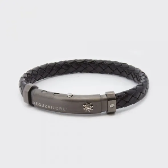 Pulsera Eguzkilore Cuero Trenzado Negro y Brillante