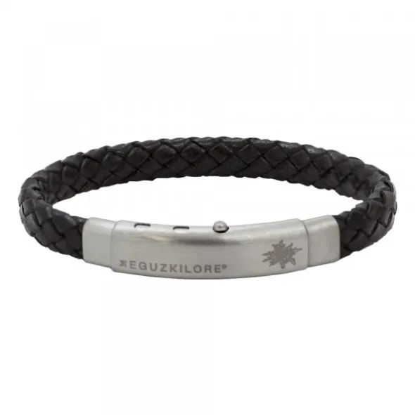 Pulsera Eguzkilore Mate Cuero Trenzado Negro Personalizable