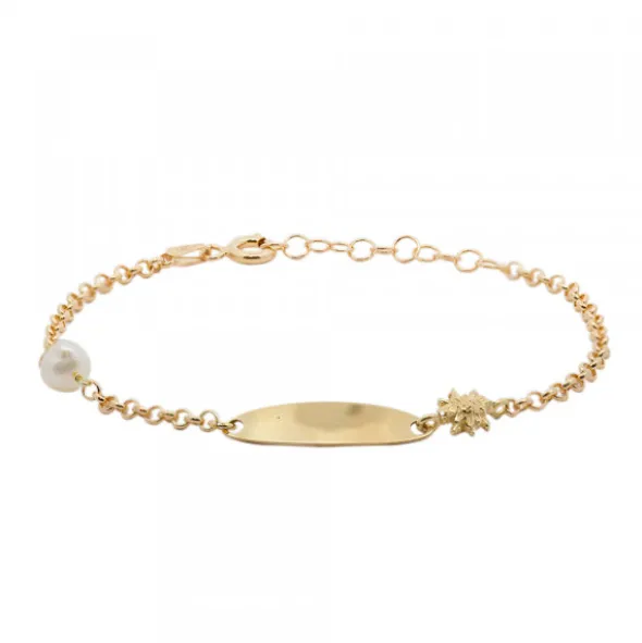 Pulsera Identidad Ovalada de Plata Dorada y Perla Personalizable