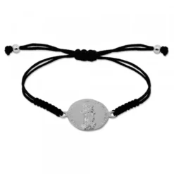 Pulsera Redonda Virgen Blanca de Plata con Hilo Negro Personalizable